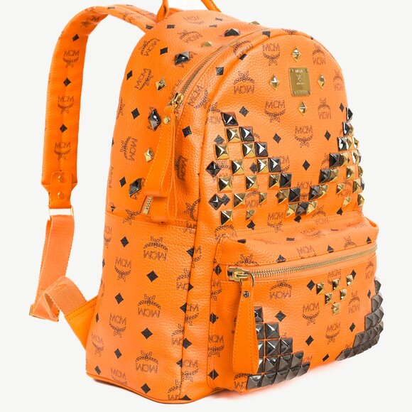 MCM Stark Metal Studs Orange Monogram Backpack - Picture 2 of 15